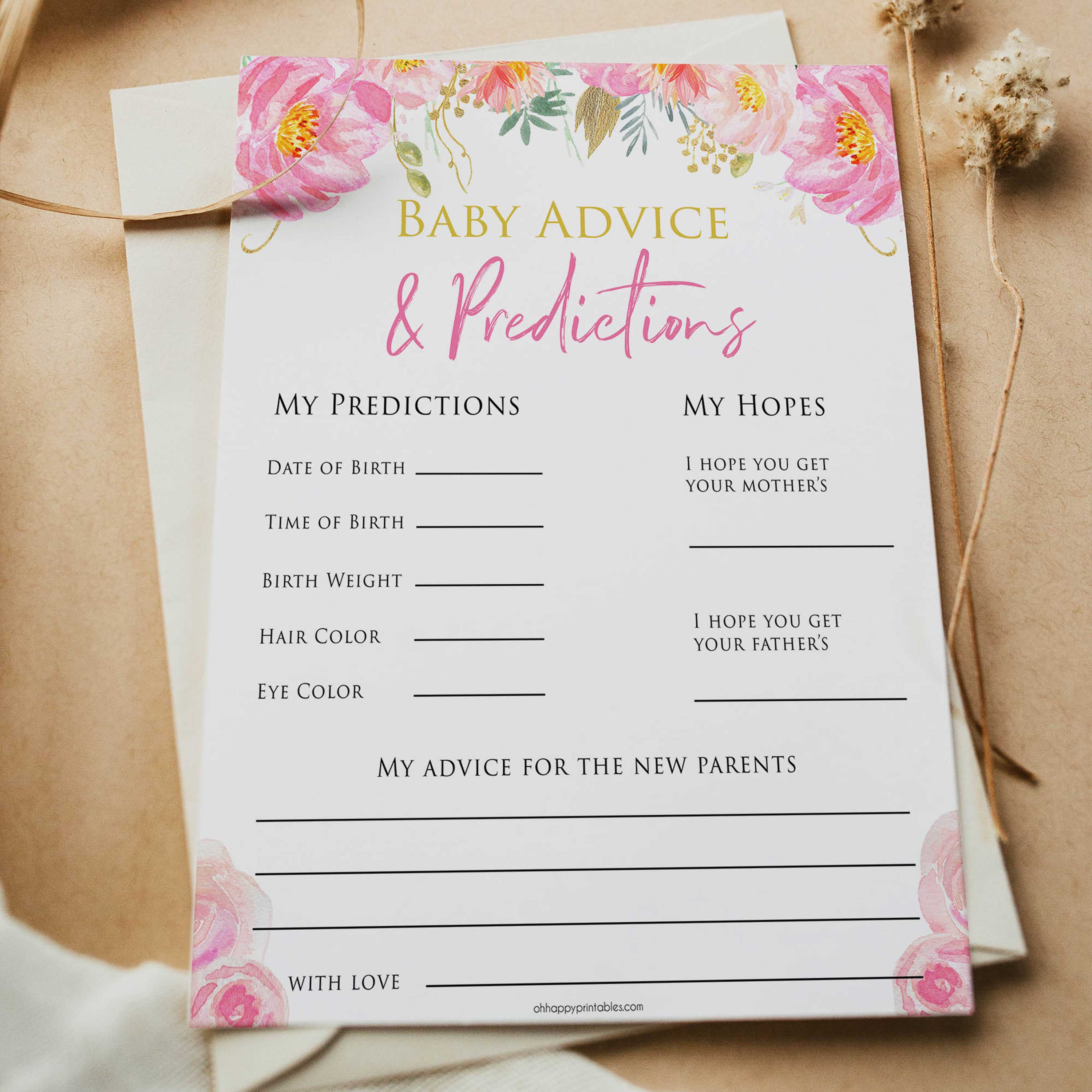 Pink floral baby advice baby shower games, printable baby shower games, fun baby shower games, baby predictions games, popular baby games