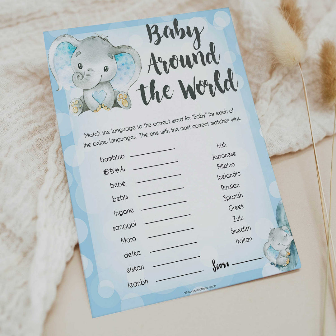 Blue elephant baby games, baby around the world, elephant baby games, printable baby games, top baby games, best baby shower games, baby shower ideas, fun baby games, elephant baby shower
