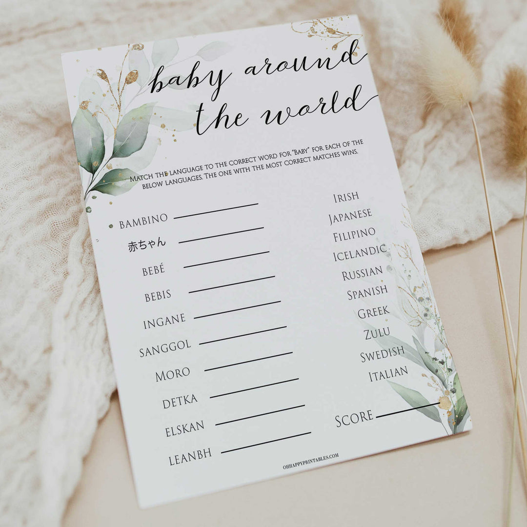 Gold green leaf baby games, baby around the world, printable baby games, fun baby games, top baby games to play, gold leaf baby shower, greenery baby shower ideas