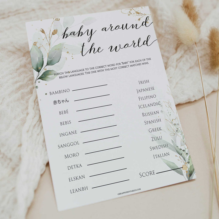 Gold green leaf baby games, baby around the world, printable baby games, fun baby games, top baby games to play, gold leaf baby shower, greenery baby shower ideas