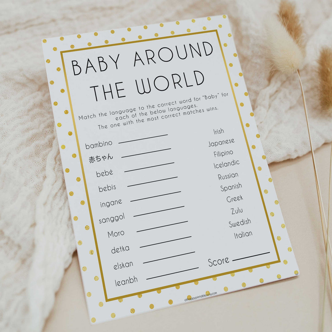 baby around the world, Printable baby shower games, baby gold dots fun baby games, baby shower games, fun baby shower ideas, top baby shower ideas, gold glitter shower baby shower, friends baby shower ideas