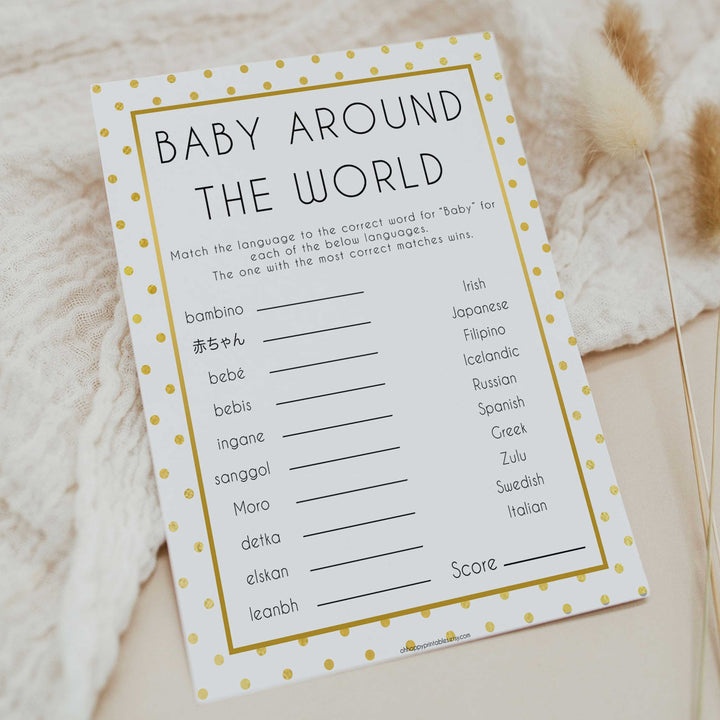 baby around the world, Printable baby shower games, baby gold dots fun baby games, baby shower games, fun baby shower ideas, top baby shower ideas, gold glitter shower baby shower, friends baby shower ideas