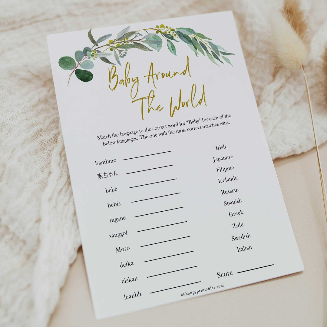 Eucalyptus baby shower games, baby around the world baby game, fun baby shower games, printable baby games, baby shower ideas, baby games, baby shower baby shower bundle, baby shower games packs, botanical baby shower