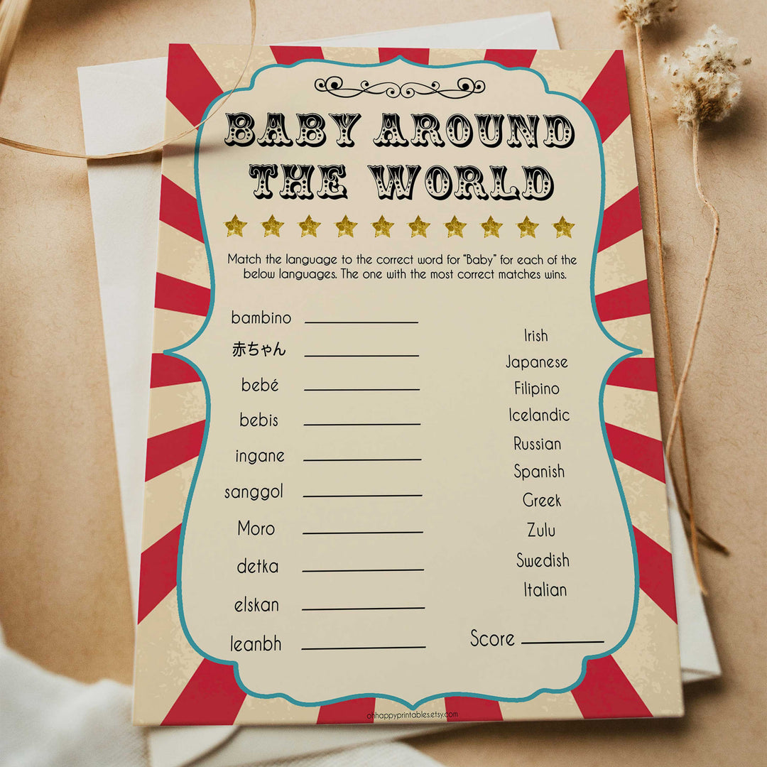 Circus baby around the world baby shower games, circus baby games, carnival baby games, printable baby games, fun baby games, popular baby games