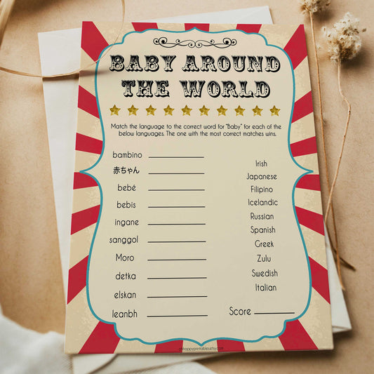 Circus baby around the world baby shower games, circus baby games, carnival baby games, printable baby games, fun baby games, popular baby games