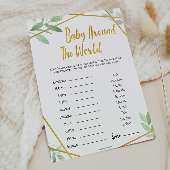 gold geometric baby around the world baby shower games, printable baby shower games, fun baby games, popular baby games, gold baby games