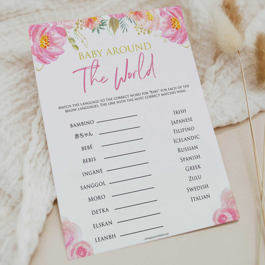 baby around the world floral blush baby shower games, printable baby shower games, fun baby shower games, popular baby shower games