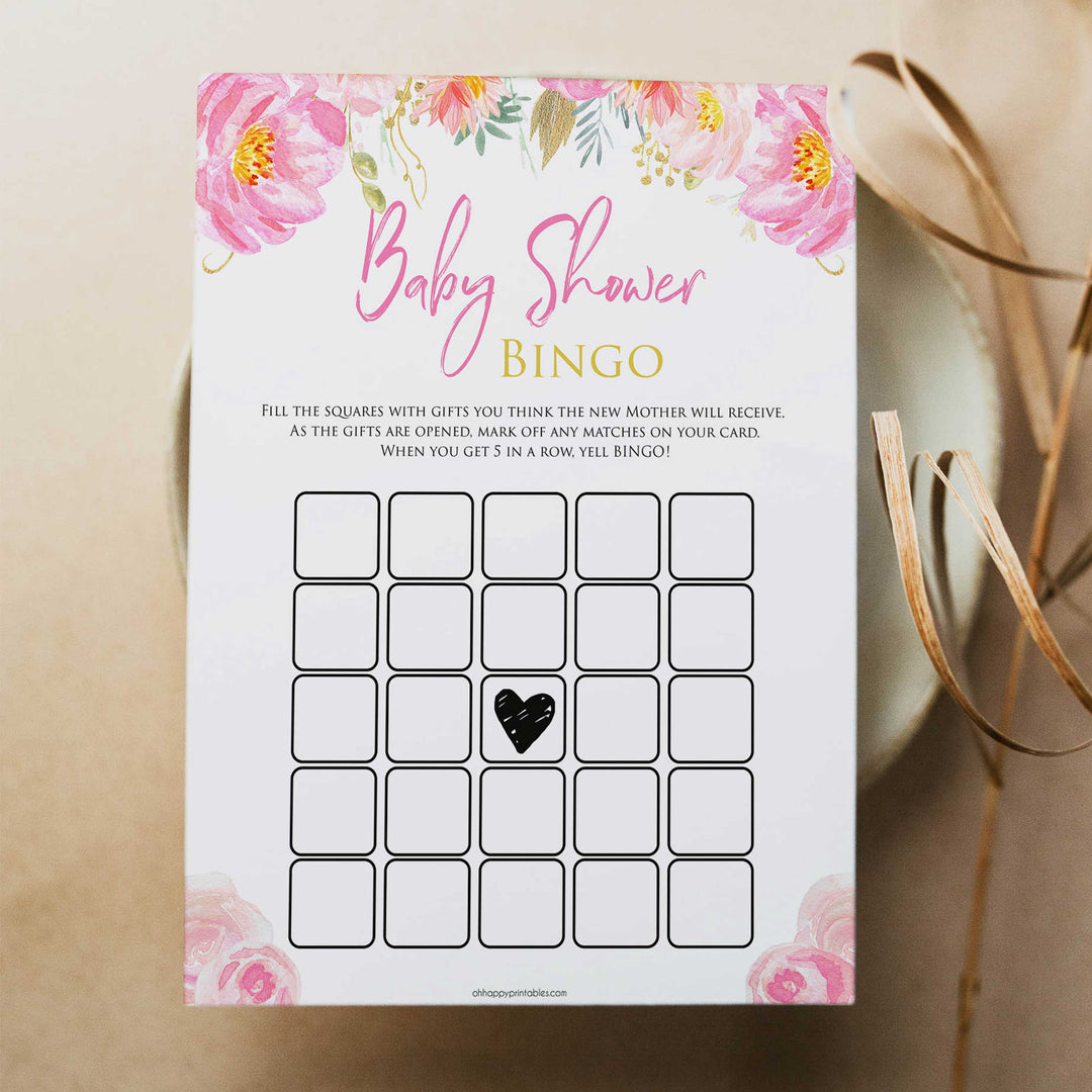 Pink blush floral baby shower bingo game, printable baby games, baby shower games, blush baby shower, floral baby games, girl baby shower ideas, pink baby shower ideas, floral baby games, popular baby games, fun baby games