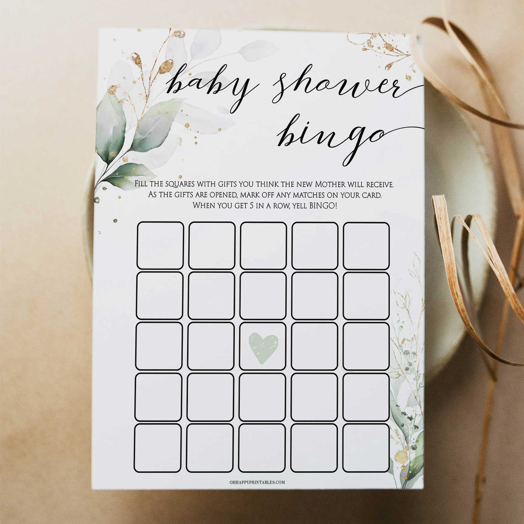 Gold green leaf baby games, baby shower bingo, printable baby games, fun baby games, top baby games to play, gold leaf baby shower, greenery baby shower ideas