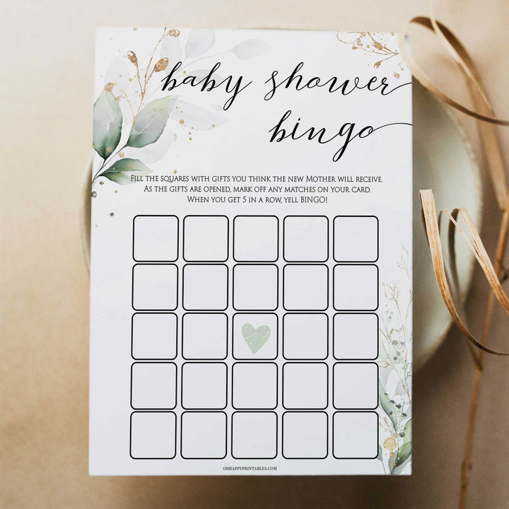 Gold green leaf baby games, baby shower bingo, printable baby games, fun baby games, top baby games to play, gold leaf baby shower, greenery baby shower ideas