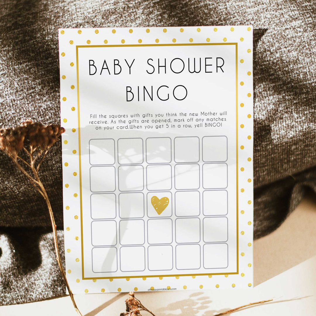 baby shower bingo, baby bingo game, Printable baby shower games, baby gold dots fun baby games, baby shower games, fun baby shower ideas, top baby shower ideas, gold glitter shower baby shower, friends baby shower ideas