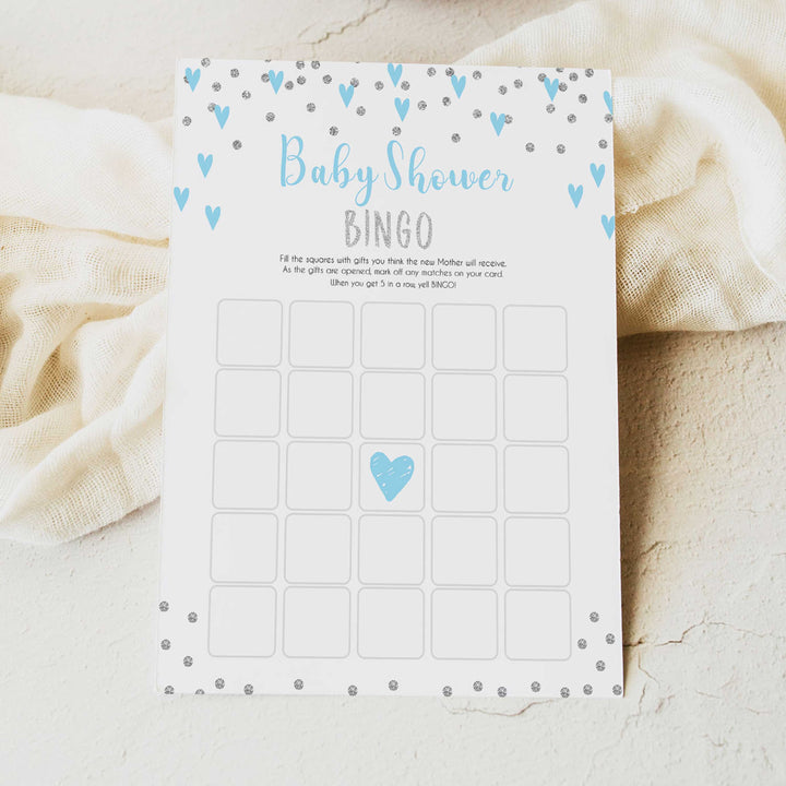 baby bingo game, Printable baby shower games, small blue hearts fun baby games, baby shower games, fun baby shower ideas, top baby shower ideas, silver baby shower, blue hearts baby shower ideas