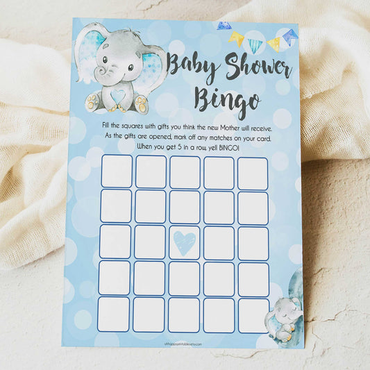 Blue elephant baby games, baby bingo, elephant baby games, printable baby games, top baby games, best baby shower games, baby shower ideas, fun baby games, elephant baby shower