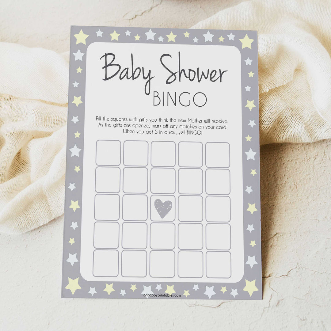 Grey Yellow Stars Baby Shower Bingo, Printable Baby Shower Games, Baby Bingo Game, Grey Baby Shower, Grey Yellow Star Baby Shower Games, popular baby shower games, fun baby shower games