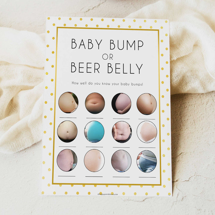 baby bump or beer belly game, Printable baby shower games, baby gold dots fun baby games, baby shower games, fun baby shower ideas, top baby shower ideas, gold glitter shower baby shower, friends baby shower ideas