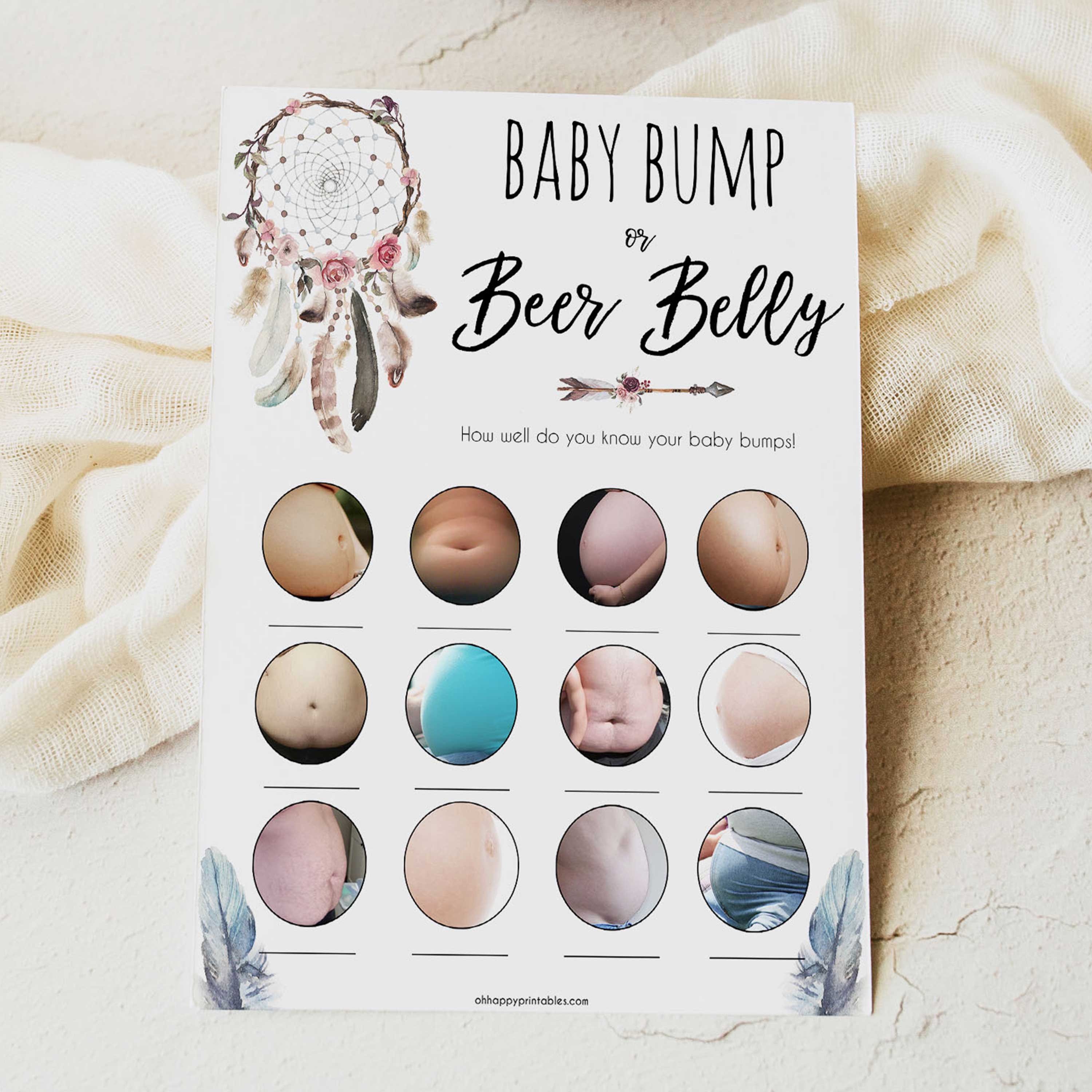 Boho baby games, baby bump or beer belly baby game, fun baby games, printable baby games, top 10 baby games, boho baby shower, baby games, hilarious baby games