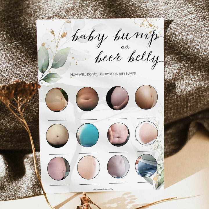 Gold green leaf baby games, baby bump or beer belly, printable baby games, fun baby games, top baby games to play, gold leaf baby shower, greenery baby shower ideas