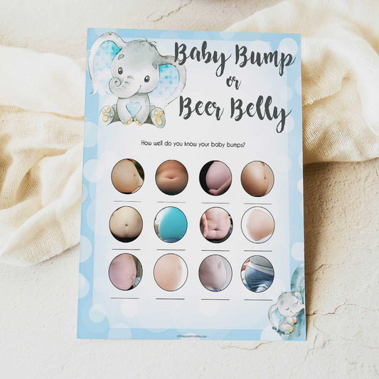 Blue elephant baby games, baby bump and beer belly, elephant baby games, printable baby games, top baby games, best baby shower games, baby shower ideas, fun baby games, elephant baby shower