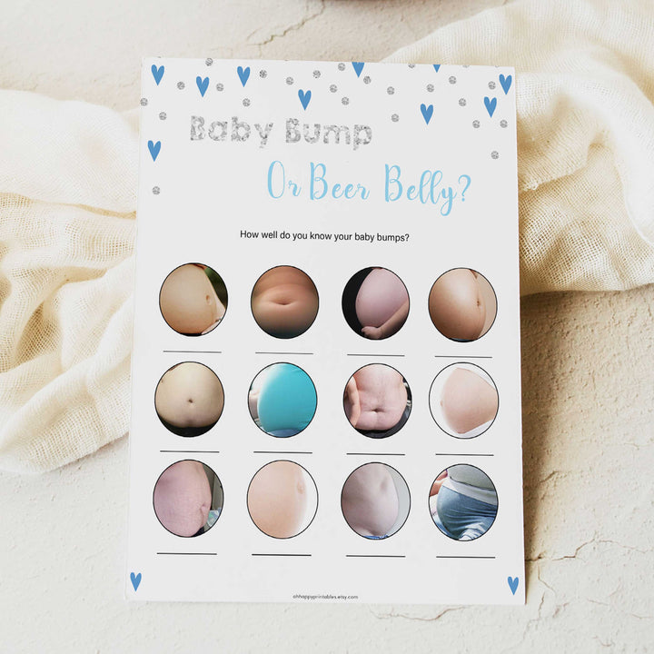 Blue hearts baby games, baby bump or beer belly, printable baby games, boy baby games, blue hearts baby shower, top baby games, fun baby games, popular baby games