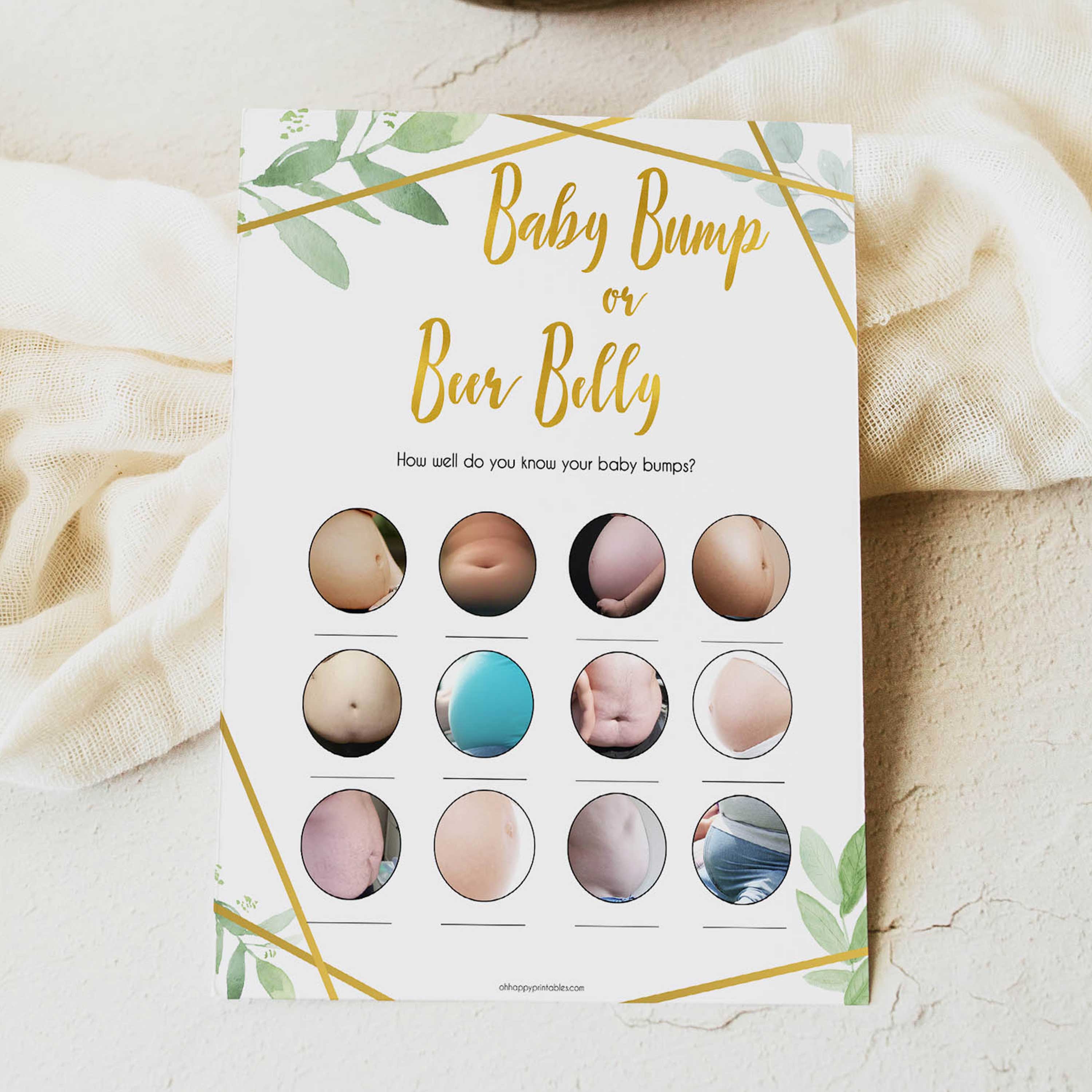 gold geometric baby bump or beer belly baby shower games, printable baby shower games, fun baby games, popular baby games, gold baby games