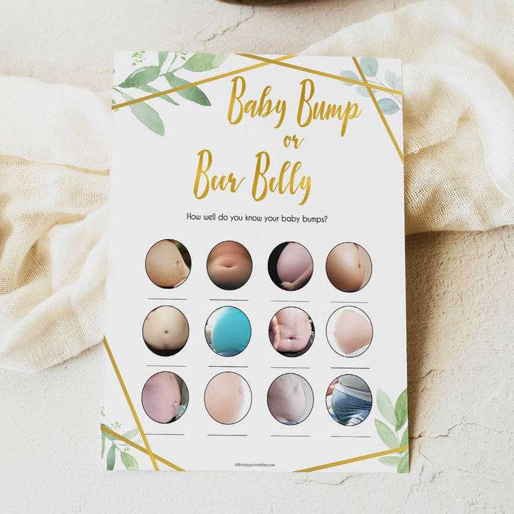 gold geometric baby bump or beer belly baby shower games, printable baby shower games, fun baby games, popular baby games, gold baby games