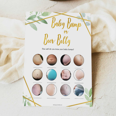 gold geometric baby bump or beer belly baby shower games, printable baby shower games, fun baby games, popular baby games, gold baby games