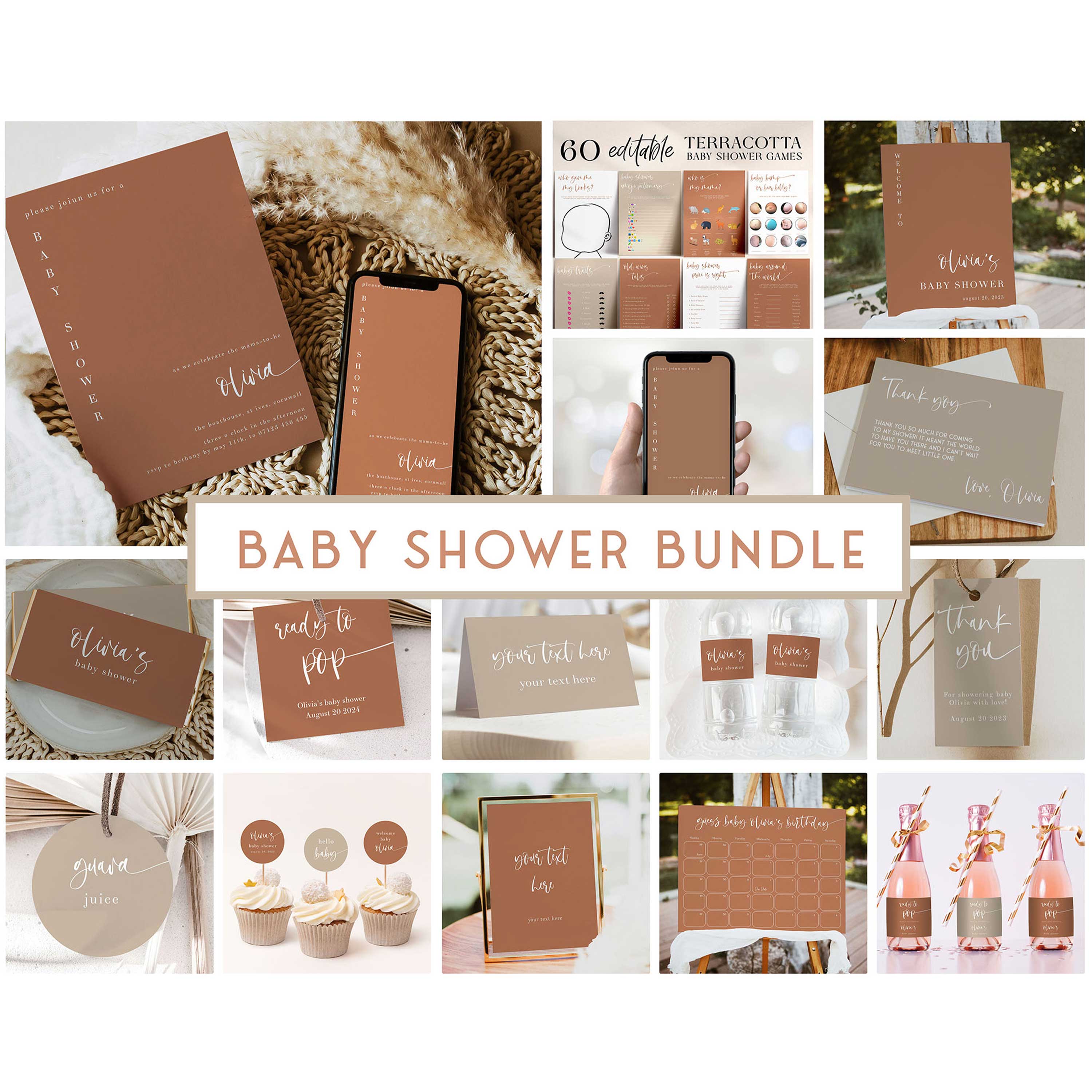 fully editable baby shower bundle, printable baby shower games, terracotta baby shower, baby shower invitations