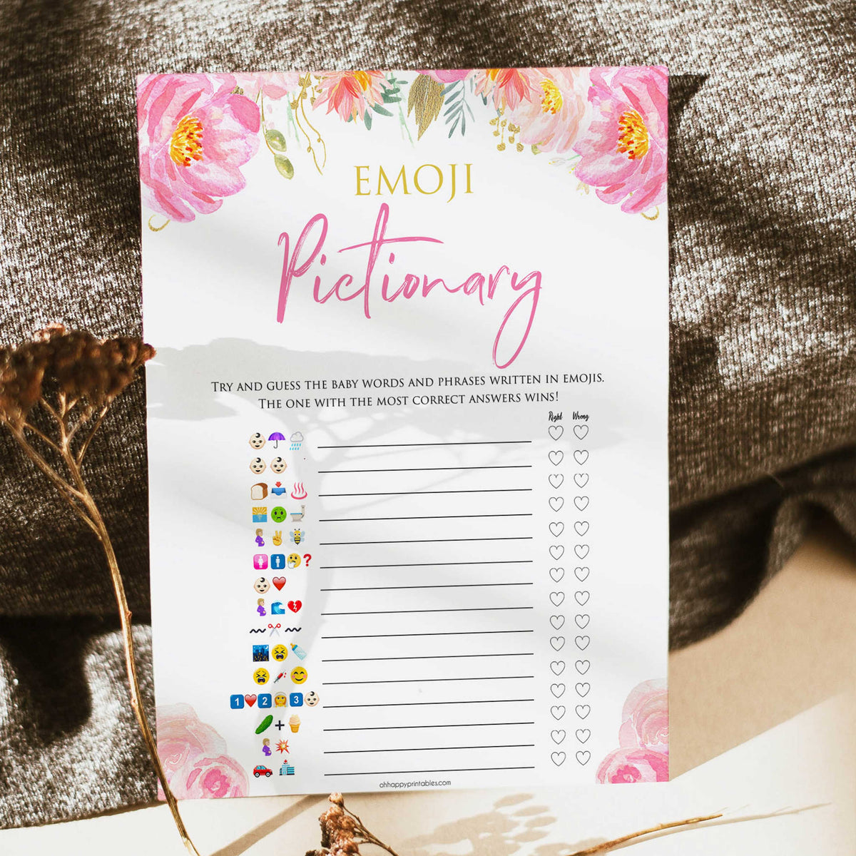 Pink blush floral baby shower emoji pictionary, printable baby games, baby shower games, blush baby shower, floral baby games, girl baby shower ideas, pink baby shower ideas, floral baby games, popular baby games, fun baby games