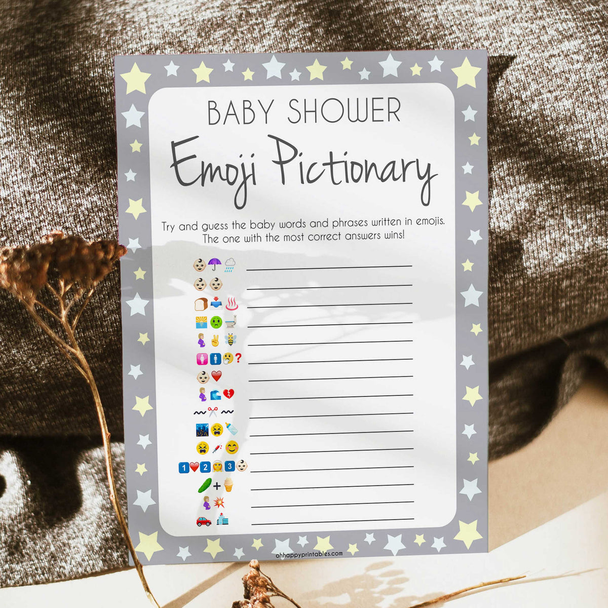 Grey Yellow Stars Emoji Pictionary Baby Shower Games, Printable Baby Shower Games, Emoji Pictionary, Stars Baby Shower Games. Emoji Game, fun abby shower games, popular baby shower games