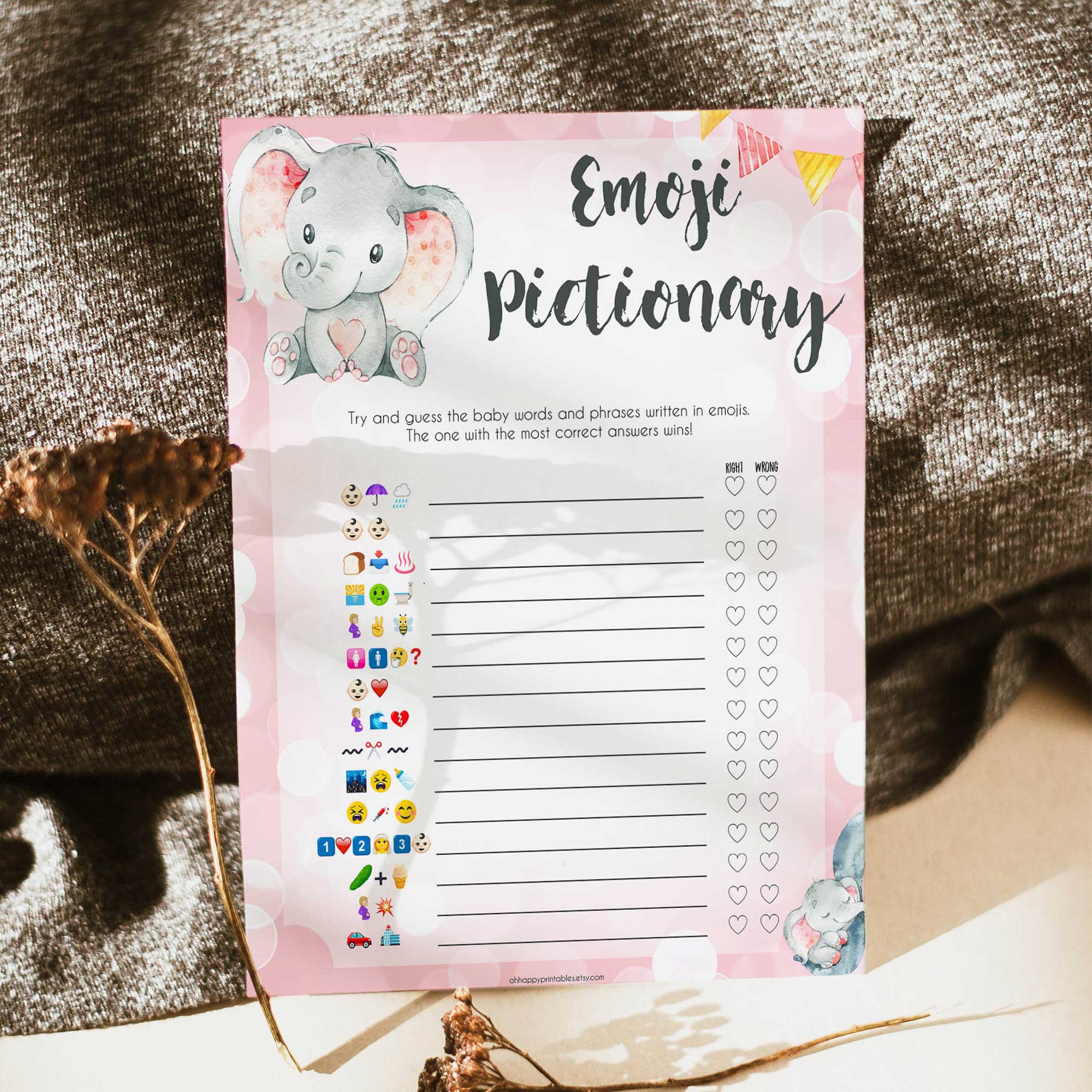 pink elephant baby games, Emoji pictionary baby shower games, printable baby shower games, baby shower games, fun baby games, popular baby games, pink baby games
