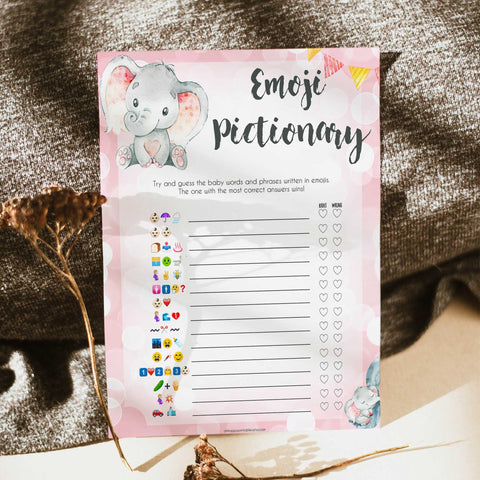 pink elephant baby games, Emoji pictionary baby shower games, printable baby shower games, baby shower games, fun baby games, popular baby games, pink baby games