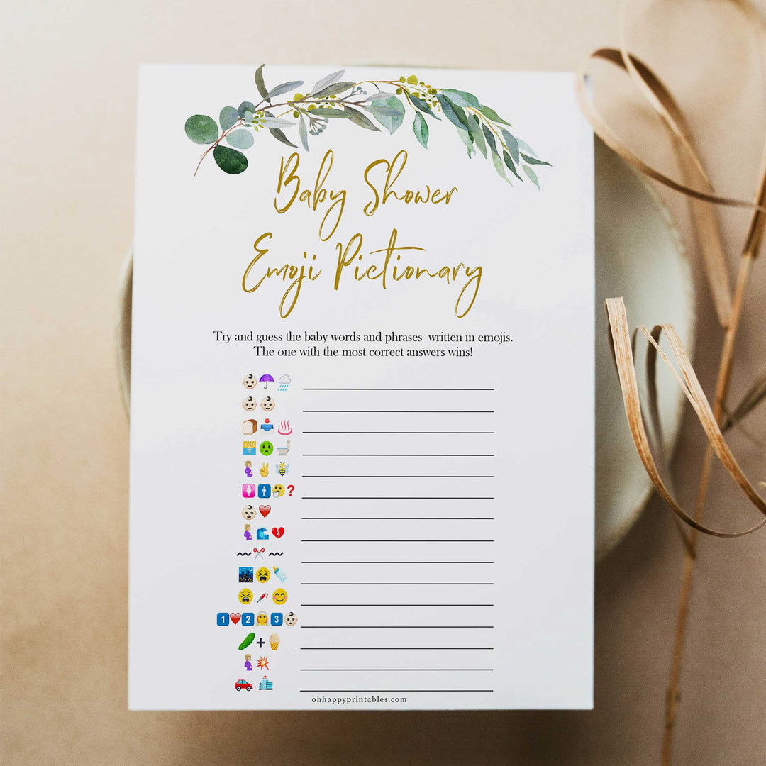 Eucalyptus baby shower games, emoji pictionary baby game, fun baby shower games, printable baby games, baby shower ideas, baby games, baby shower baby shower bundle, baby shower games packs, botanical baby shower