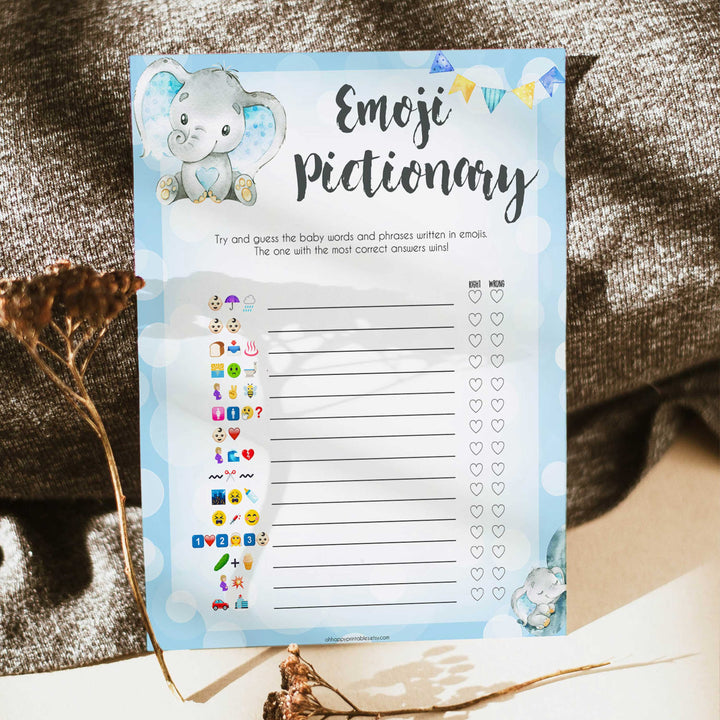 Blue elephant baby games, baby emoji pictionary, elephant baby games, printable baby games, top baby games, best baby shower games, baby shower ideas, fun baby games, elephant baby shower
