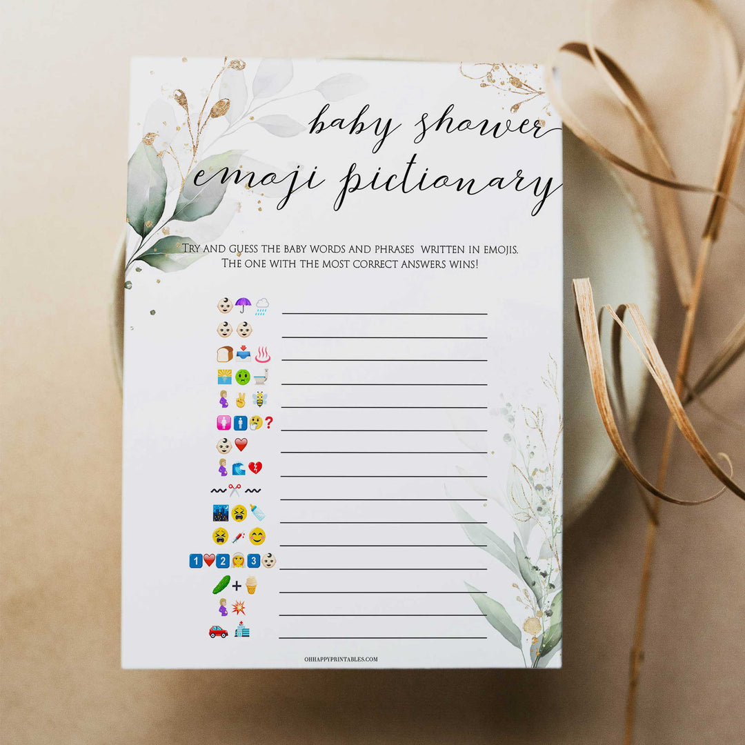 Gold green leaf baby games, baby shower emoji pictionary, printable baby games, fun baby games, top baby games to play, gold leaf baby shower, greenery baby shower ideas