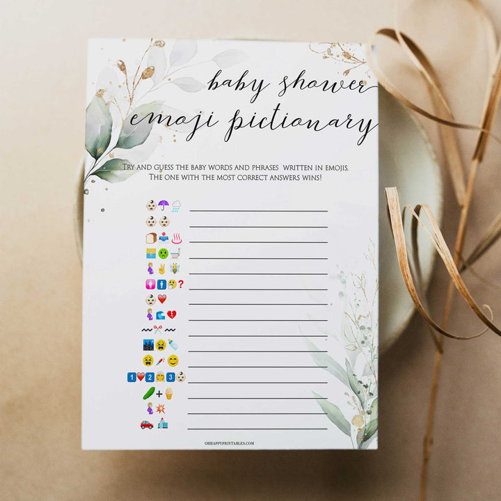 Gold green leaf baby games, baby shower emoji pictionary, printable baby games, fun baby games, top baby games to play, gold leaf baby shower, greenery baby shower ideas