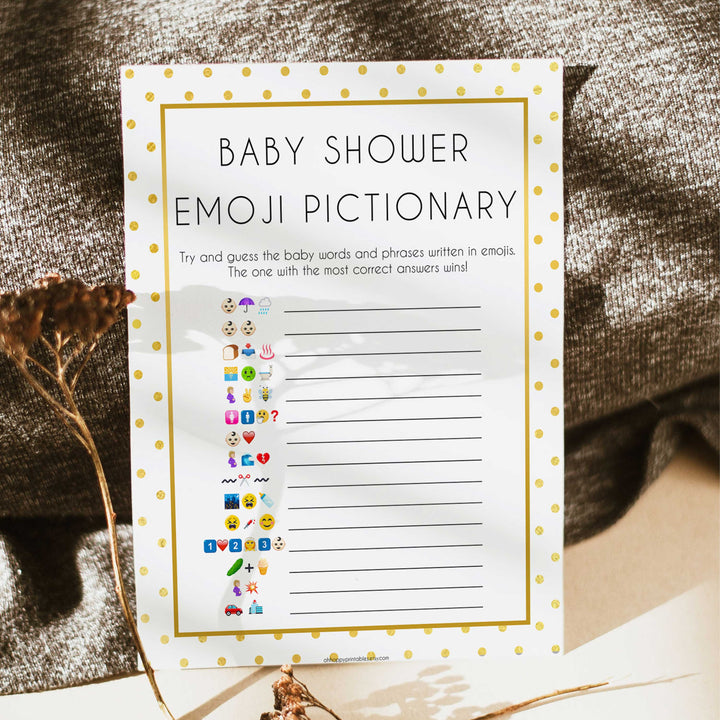 baby emoji pictionary game, Printable baby shower games, baby gold dots fun baby games, baby shower games, fun baby shower ideas, top baby shower ideas, gold glitter shower baby shower, friends baby shower ideas