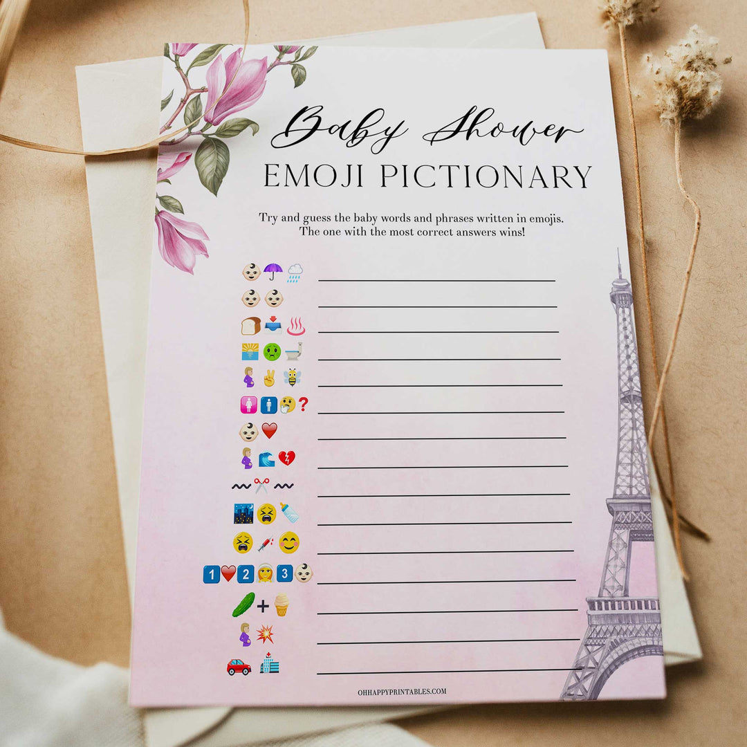 baby shower emoji pictionary game, Parisian baby shower games, printable baby shower games, Paris baby shower games, fun baby shower games