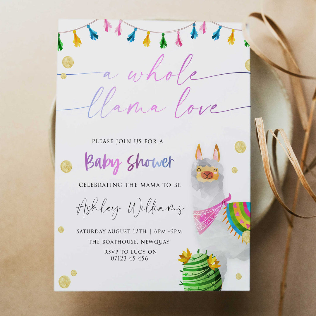 editable llama fiesta baby shower invitations, printable baby shower invitations, llama baby shower theme, llama baby shower invites