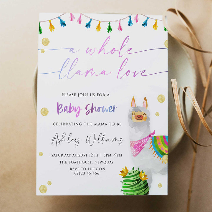 editable llama fiesta baby shower invitations, printable baby shower invitations, llama baby shower theme, llama baby shower invites