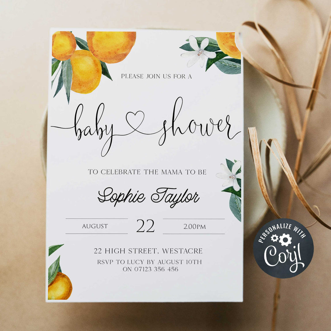 editable baby shower invitations, printable baby shower invitations, citrus orange baby shower theme, citrus baby shower, baby shower invites