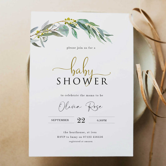 eucalyptus baby shower invitations, printable baby shower invitations, editable baby shower invitations, eucalyptus baby invites, floral baby shower invitations, floral baby invites