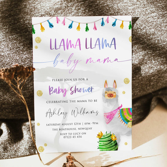 editable llama fiesta baby shower invitations, printable baby shower invitations, llama baby shower theme, llama baby shower invites