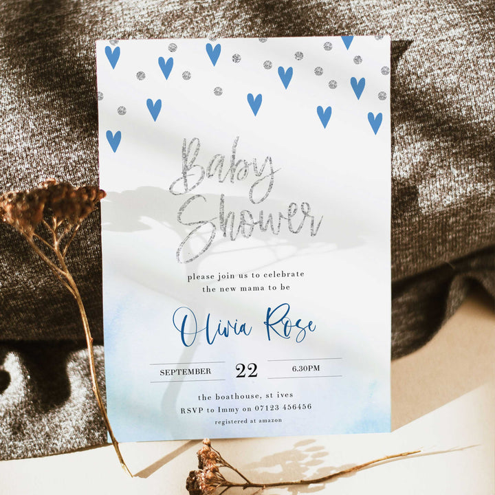 blue hearts baby shower, printable baby shower invitations, editable baby shower invitations, blue hearts baby ideas, boys baby shower invitations