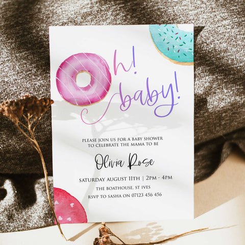 editable donut baby shower invitations, printable baby shower invitations, donut baby shower theme, donut sprinkles baby shower, baby shower invitations