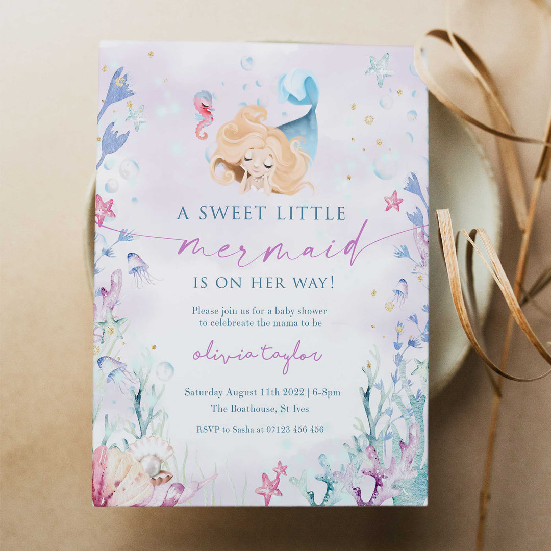 editable little mermaid baby shower invitations, printable baby shower invitations, little mermaid baby shower, editable baby shower invitations