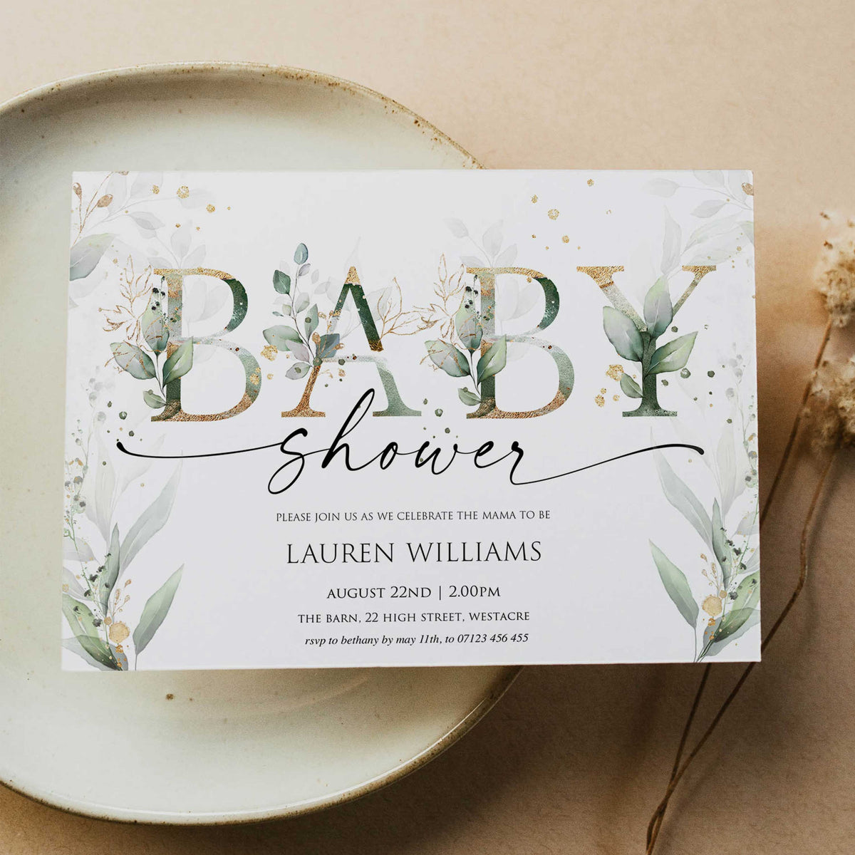 floral gold baby shower invitation, editable baby shower invitation, floral baby shower invite