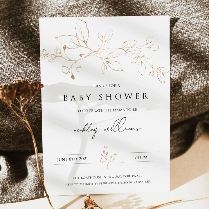 gold leaf baby shower theme, editable baby shower invitations, printable baby shower invitations, gold baby shower invites, gold baby shower mobile invites