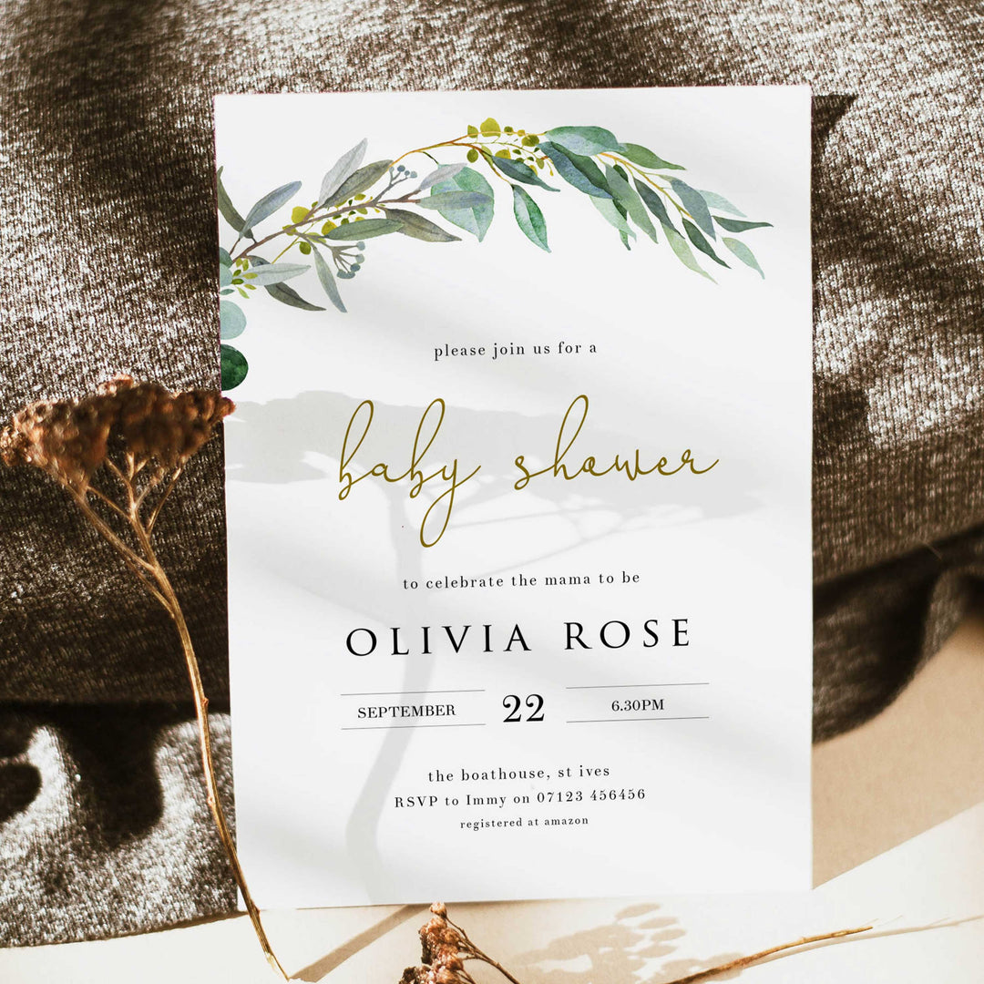 eucalyptus baby shower invitations, printable baby shower invitations, editable baby shower invitations, eucalyptus baby invites, floral baby shower invitations, floral baby invites