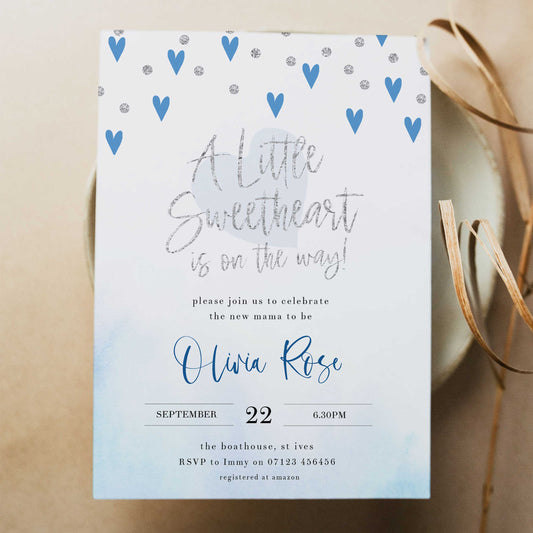 blue hearts baby shower, printable baby shower invitations, editable baby shower invitations, blue hearts baby ideas, boys baby shower invitations
