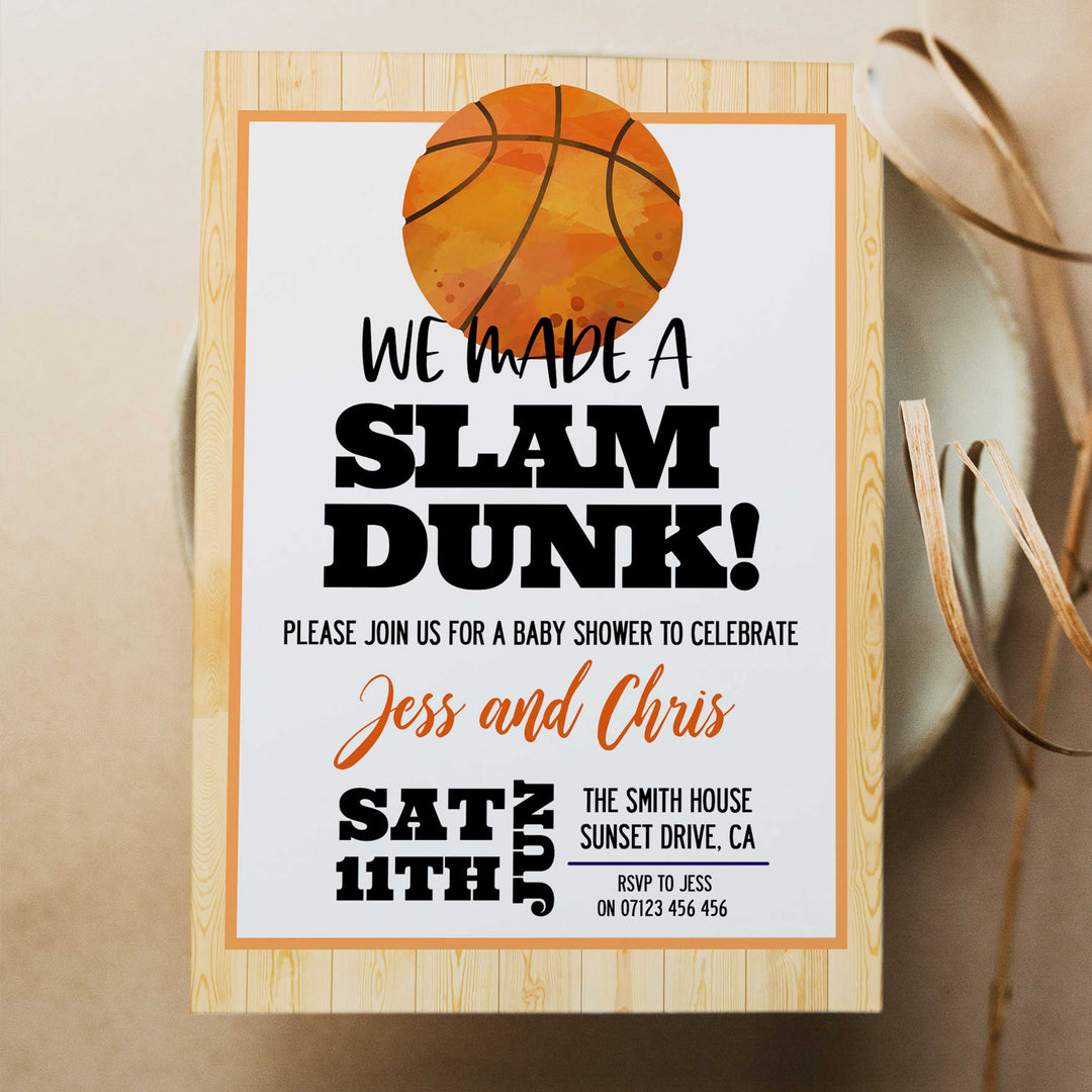 basketball baby shower invitations, printable baby shower invitations, editable baby shower invitations, slam dunk baby shower, fun baby shower invitations